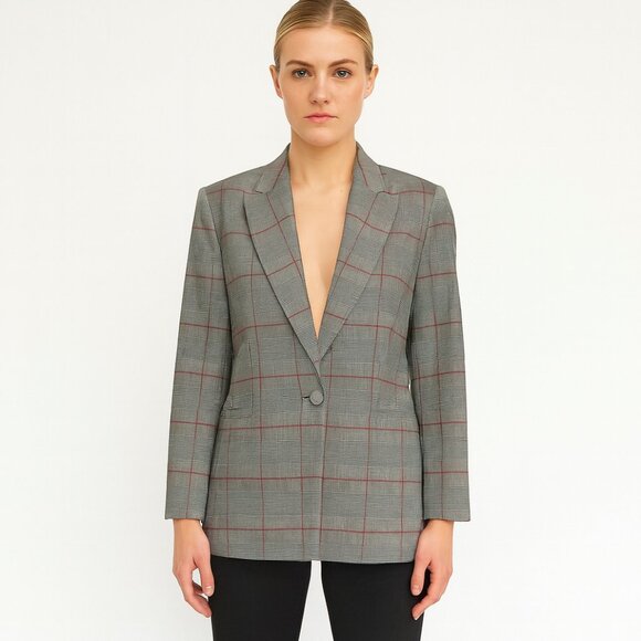Zara Gray Plaid Checkered Single-breasted Blazer Red Windowpane Classic Office M - Picture 1 of 14
